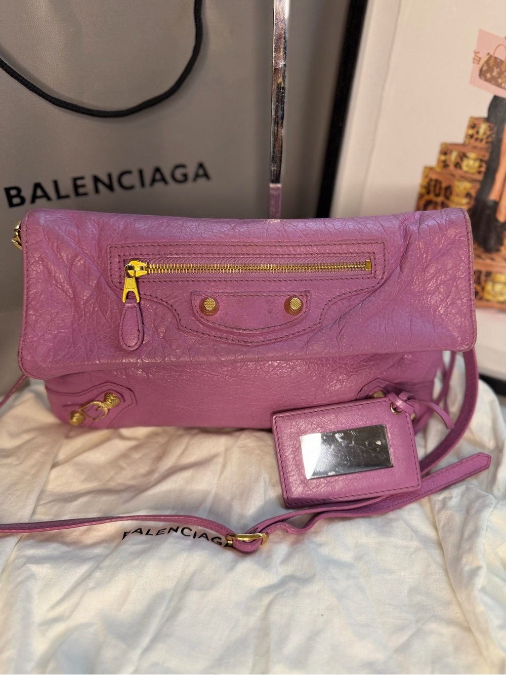 Balenciaga Giant 12 Gold Envelope Clutch Crossbody Bag Pink